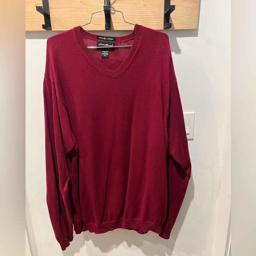 Eddie Bauer Men's Burgundy V-Neck Pima Cotton Sweater